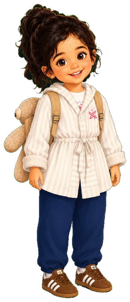 Mimi, a happy girl carrying a teddy bear backpack